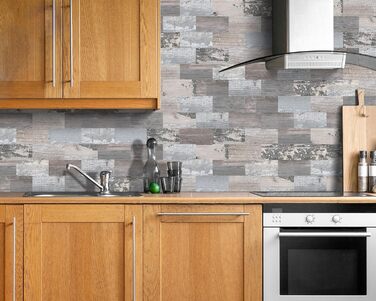 Штучна настінна плитка, самоклеюча панель для кухонного фартуха, тверда ПВХ плитка, клейка плитка для кухні та ванної кімнати (34 x 29 см) (20, рустикальний бейвуд)