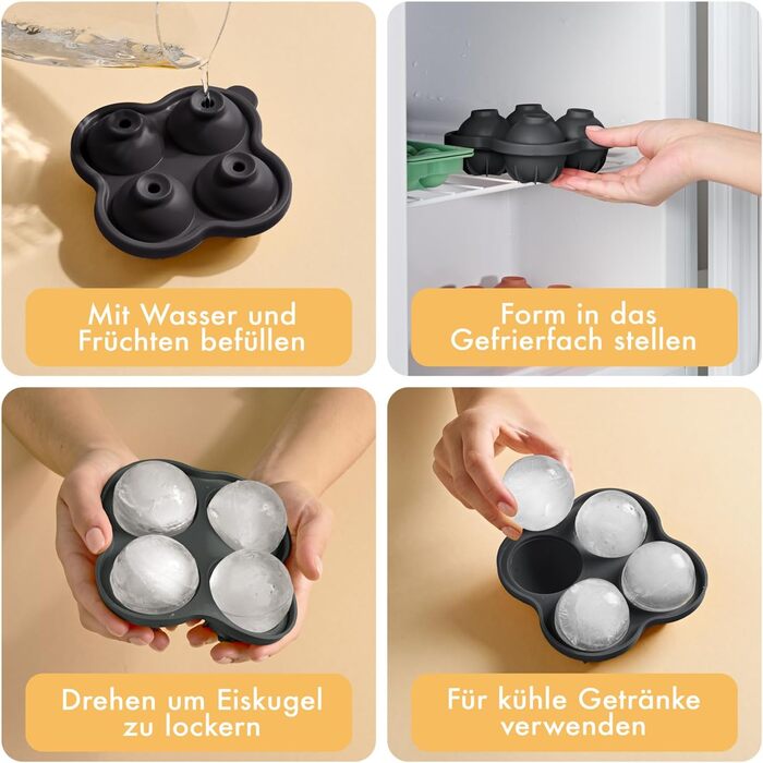 Силіконові формочки для льоду Blumtal, набір з 3 шт. - форма для льоду на 24 кубики з кришкою - силіконова форма для льоду без бісфенолу А - форма для льоду, безпечна для харчових продуктів - сіро-блакитна великі кубики (чорна, сфера XXL)