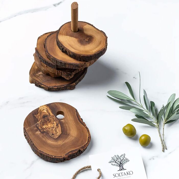 Підставки з високоякісної оливкової деревини, натуральні та необроблені в рустикальній круглій формі, діаметр приблизно 12 см, в комплекті, 6 шт. (сільський)