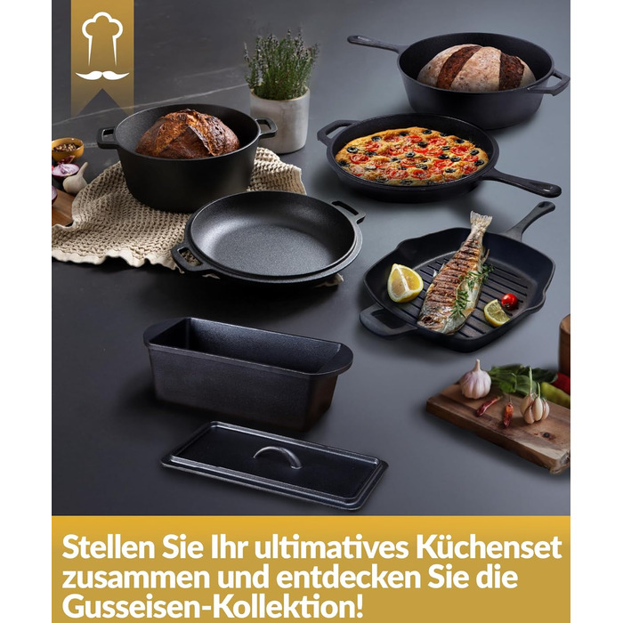 Чавунна форма для хліба Chefarone з кришкою - форма для хліба та тістечок - прямокутна форма для випікання та запікання - чавунна каструля для випікання хліба - 28 x 12 см (гриль)