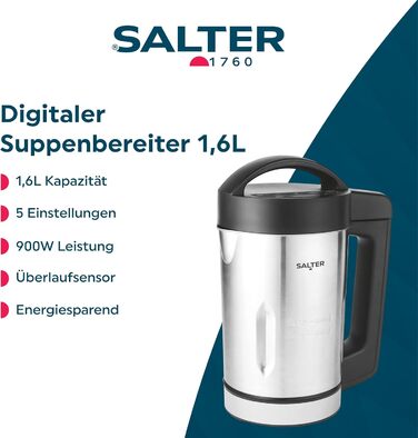 Цифрова суповарка Salter EK5118V2FVDE - 1,6 л, суп, ідеально підходить для приготування великих порцій, 5 налаштувань (гладкий, густий, напої, підтримка тепла, змішування/очищення), датчик переповнення, 900 Вт, алюміній, синя штекер ЄС
