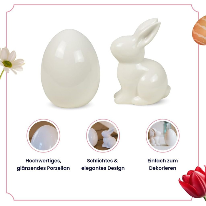 Набір пасхальних яєць та пасхального зайчика Heitmann Deco керамічна пасхальна прикраса з порцеляновим ефектом, для встановлення, біла, приблизно 12,5 x 10,5 x 8 см