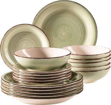 Набір тарілок для 6 осіб у сучасному вінтажному стилі, столовий сервіз із 18 предметів, сервіз керамічного посуду з ручним розписом, керамограніт (зелений), 931875 Bel Tempo II
