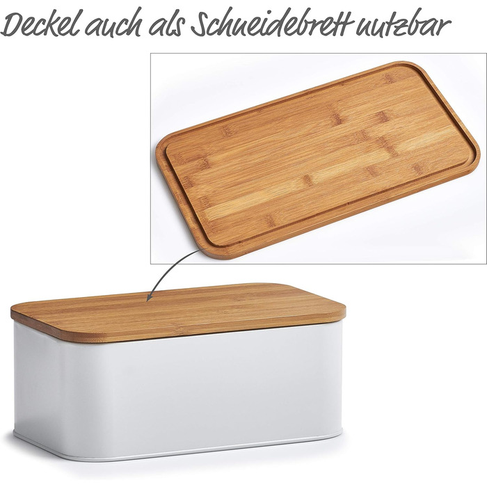 Хлібниця Zeller 25377 з бамбуковою кришкою, метал, матовий, приблизно 42,5 x 23 x 13 см, хлібниця з вентиляційними отворами, для зберігання хліба, прямокутний контейнер для хліба, проста хлібниця в сучасному дизайні (біла, 31 x 18 x 12,5 см)