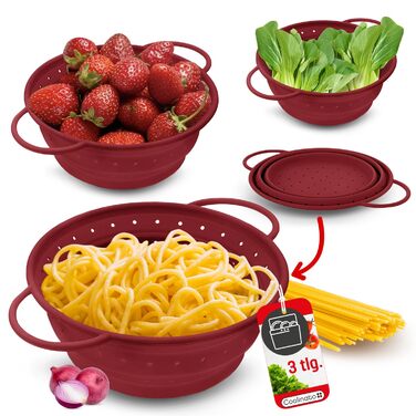 Складаний силіконовий друшляк Сітчасте силіконове сито для пасти, овочів та фруктів Можна мити в посудомийній машині, не містить бісфенолу А та термостійке до 230C Компактний складний друшляк для зливу води (червоний, 16, 20 та 24 см)