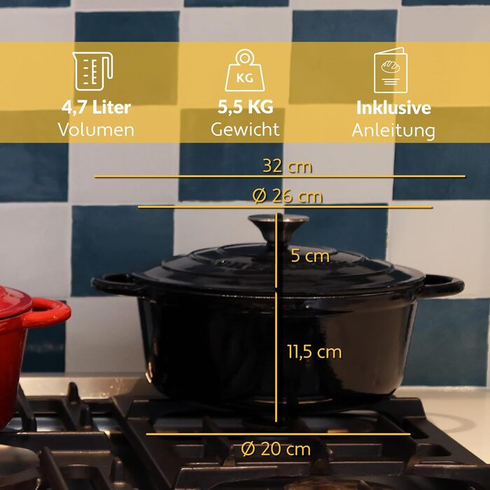 Чавунна каструля Chefarone 24 см, Емальована каструля з кришкою для випікання хліба, тушкування та запікання Хлібна каструля, сумісна з індукцією (чорна, 4,7 л)