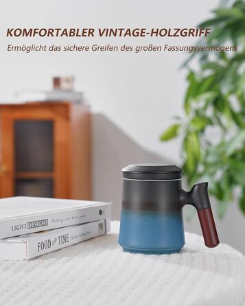 Чайна кружка з кришкою і ситечком, 500 мл велика дерев'яна кружка з градієнтним рельєфним візерунком, матові керамічні чашки з ситечком для чайних подарунків, чорно-зелені (01-чорно-сині)