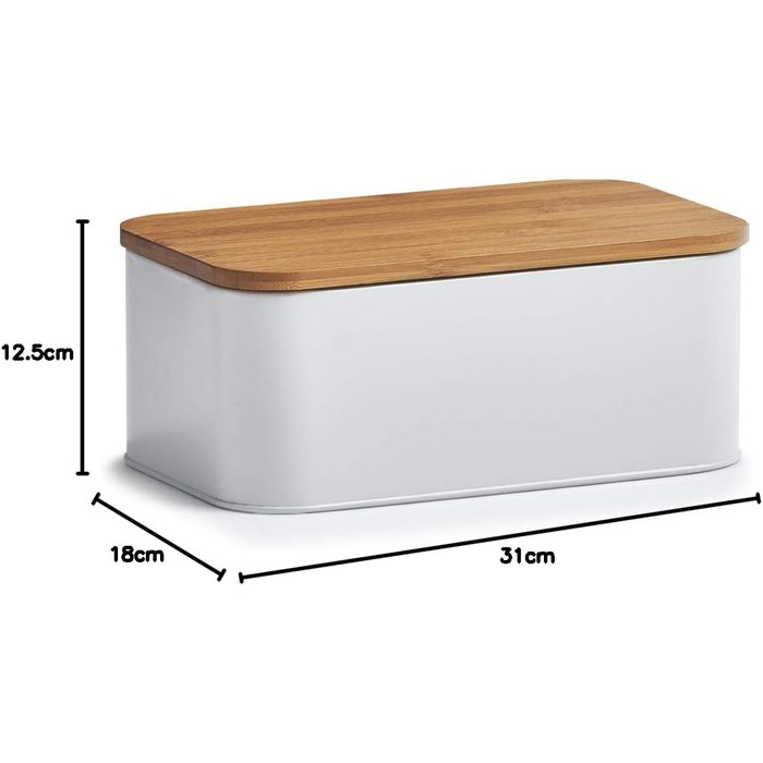 Хлібниця Zeller 25377 з бамбуковою кришкою, метал, матовий, приблизно 42,5 x 23 x 13 см, хлібниця з вентиляційними отворами, для зберігання хліба, прямокутний контейнер для хліба, проста хлібниця в сучасному дизайні (біла, 31 x 18 x 12,5 см)