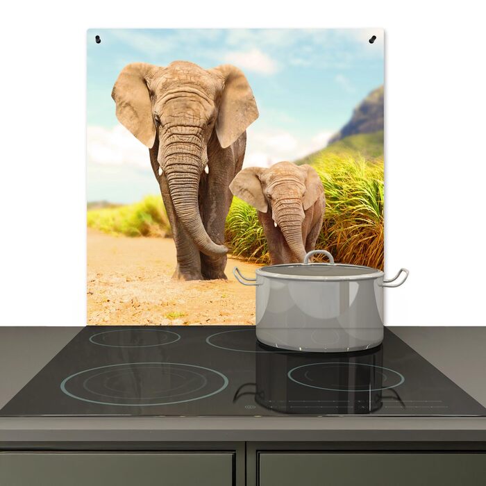 Фартух для плити, кухонний фартух, вініл, 78x52 см, декор для кухні, облицювання стіни, кришка для плити - сіро-чорна (слони - тварини, 78Д x 78Ш см)