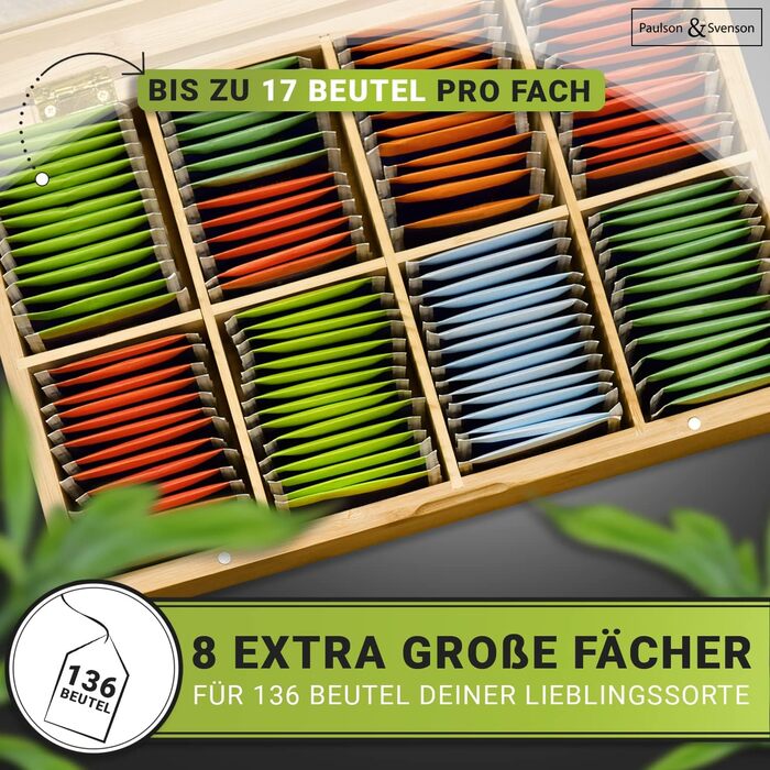 Екологічна чайна коробка з 8 дерев&39яними відділеннями - Герметичне зберігання чайних пакетиків виготовлене з сертифікованого бамбука - Органайзер для чаю з магнітною застібкою та скляною кришкою - Зберігання чайних пакетиків