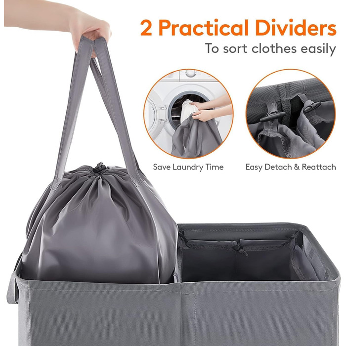 Кошик для білизни Lifewit з кришкою 2 відділення, збірник для білизни з 2 знімними мішками для білизни, складні кошики для білизни Кошики для білизни Коробка для білизни Тканинні кошики для білизни для ванної кімнати Спальня, (105 л, сірий)