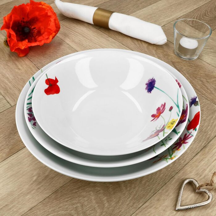 Набір із 3 мисок MamboCat Marie I 650 мл, 1 л та 1,3 л I висока порцелянова миска з декором із квіткової галявини для картоплі, пельменів, овочів, десерту, супу тощо.