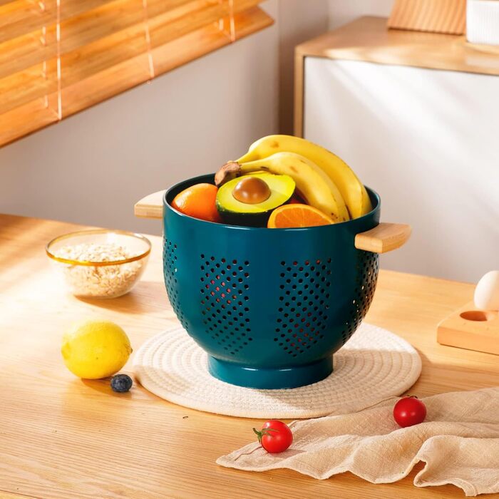 Металеве сито для пасти з дерев&39яною ручкою та стабільною основою, велике кухонне сито 22 см для пасти, овочів та фруктів, міцне кухонне сито (темно-зелене)