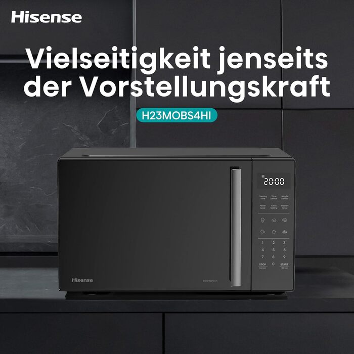 Мікрохвильова піч Hisense H20MOBP1HI / 700 Вт / InverterTech / Керамічне покриття / Преміальне скло / Виготовлена на замовлення, багатофазне приготування / Функція розморожування / 5 рівнів потужності / Блокування від дітей / Чорна (23 л, цифрове керуванн