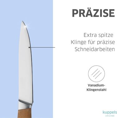 Набір кухонних ножів Kuppels WOOD, 3 предмети ніж шеф-кухаря, ніж універсальний та ніж для овочів з ручкою з акації. Надзвичайно гострий набір ножів з хромо-ванадієвої сталі, професійний набір для обробки овочів та мяса (універсальний ніж).
