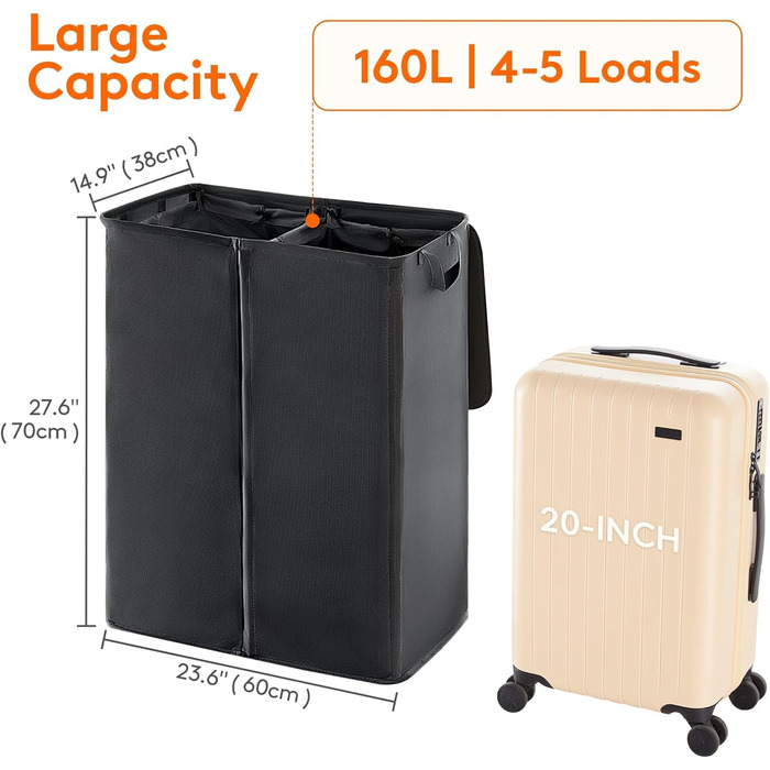 Корзина для белья Lifewit с крышкой 2 отделения, сборник для белья с 2 семными мешками для белья, складные корзины для белья Корзины для белья Ящик для белья Тканевые корзины для белья для спальни в ванной комнате, (160 л, черный)