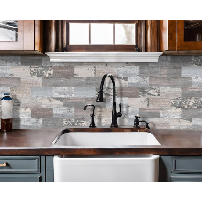 Штучна настінна плитка, самоклеюча панель для кухонного фартуха, тверда ПВХ плитка, клейка плитка для кухні та ванної кімнати (34 x 29 см) (20, рустикальний бейвуд)