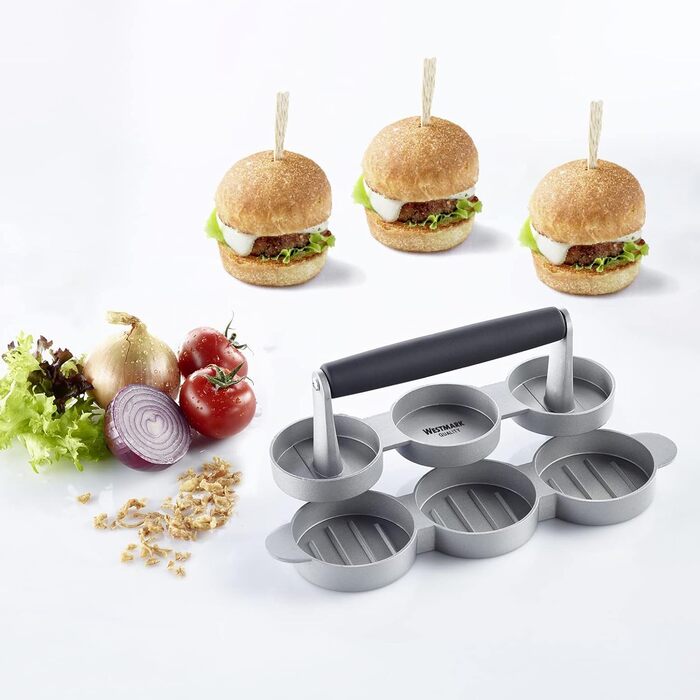 Гамбургер Westmark з підйомником - Ø 12 см Прес для бургерів можна наповнювати завдяки нижній кривизні підйомника, алюміній/пластик, Uno Plus, (сріблястий/чорний) (тріо, Ø 6,5 см)
