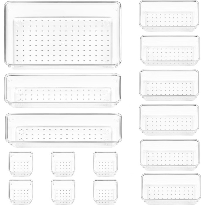 Система организации выдвижных ящиков с 4 размерами, органайзер для ящиков, прозрачный пластиковый органайзер для ящика, органайзер для туалетного столика Можно использовать для органайзера для макияжа, кухни, ванной комнаты, офиса, 15 шт.