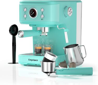 Кавомашина Empstorm Espresso Portafilter з піноутворювачем для молока, еспресо-машина 20 бар з портафільтром, еспресо-машина 2 в 1 для порошку та капсул, резервуар для води 1,5 л, кавоварка з портафільтром, білий (світло-блакитний)