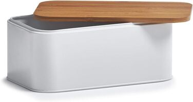 Хлібниця Zeller 25377 з бамбуковою кришкою, метал, матовий, приблизно 42,5 x 23 x 13 см, хлібниця з вентиляційними отворами, для зберігання хліба, прямокутний контейнер для хліба, проста хлібниця в сучасному дизайні (біла, 31 x 18 x 12,5 см)