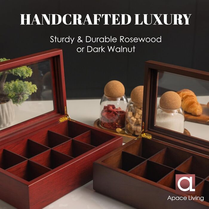 Чайна скринька від Apace Living - Розкішна дерев&39яна скринька для зберігання чаю - 8 відділень для зберігання чайних пакетиків - Чайна скринька ручної роботи з віконцем, стійким до подряпин - Елегантна скринька для зберігання чайних пакетиків (палісандр