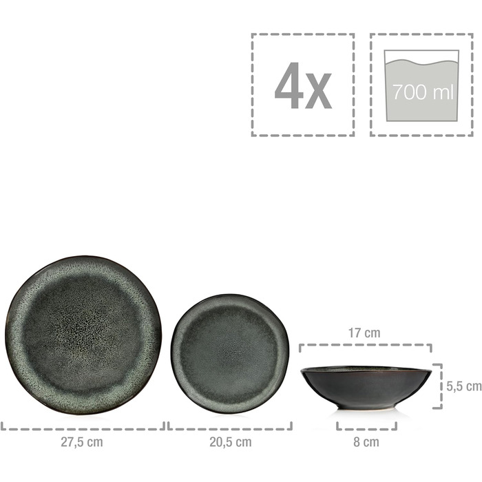 Набор тарелок на 4 персоны, 12 предметов, зелено-серый Kopenhagen Sänger