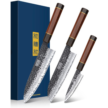 Ніж HOSHANHO Santoku Ніж ручного кування, ніж Сантоку Гостре лезо 18 см Кухонний ніж з японської серцевини VG10 Ніж для кухарів з ергономічною ручкою Подарункова коробка (набір ножів 3 шт.)