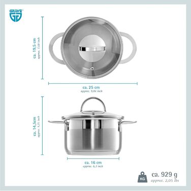 Каструлі GRWE зі скляною кришкою, комплект з 2 шт., Ø 16 см (1,5 літра), Ø 24 см (5 літрів), можна мити в посудомийній машині, каструлі для індукції, нержавіюча сталь, набір каструль серії Pro-Line Ø 16 см Ø 24 см (16 см)