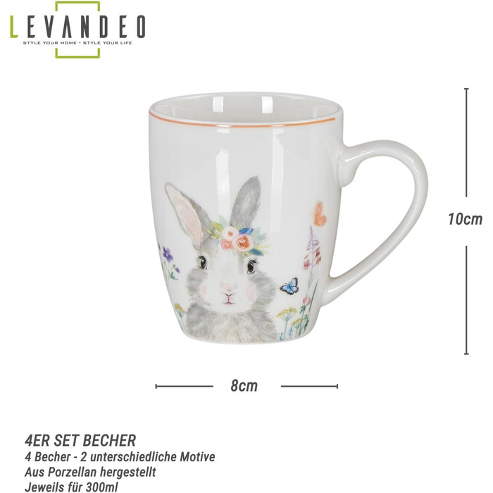 Набір із 4 чашок до великодня з малюнком кролика levandeo
