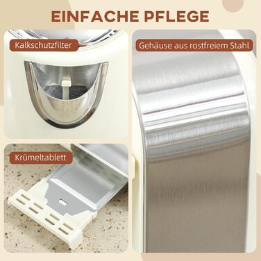 Набір тостерів HOMCOM Kettle, набір для сніданку з нержавіючої сталі з тостером на 4 скибочки, чайник 1,7 л, 2200 Вт, 7 рівнів підрум&39янення, піддон для крихт, розморожування, розігрівання та термостат Strix, вершки