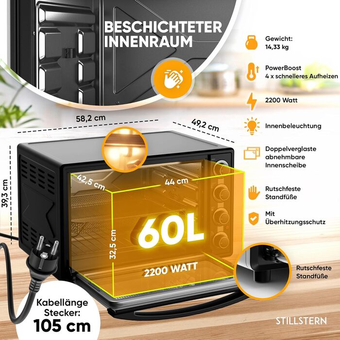 Міні-піч Stillstern з конвекцією 60 л (версія для Німеччини) Піца Ø40, антипригарне покриття CYCLONE PRO, розморожування, таймер 2 години, кемпінгова міні-піч конвекційна піч для піци міні-піч невеликий гриль для курки з вертелом