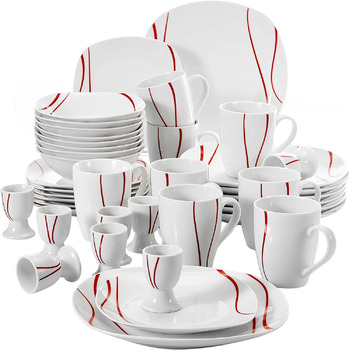 Серия Felisa, 24 предмета Сервиз из фарфорового сервиза с 6 плоскими тарелками, 6 тарелками для тортов, 6 суповыми тарелками и 6 мисками на 6 человек (40 предметов для завтрака)