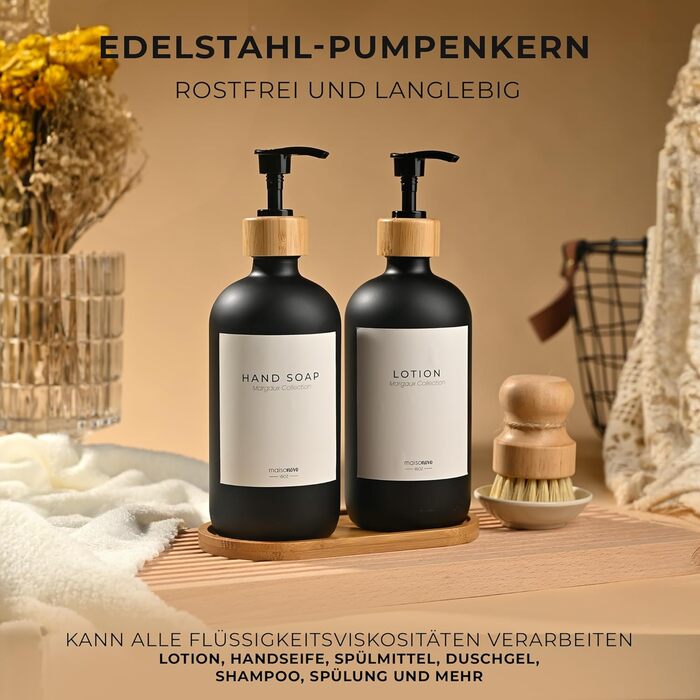 Диспенсер для мила 500 мл, набір 2 предмети на бамбуковій підставці, чорне скло MaisoNovo