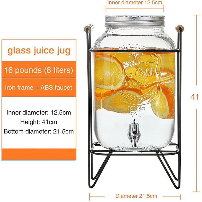 Диспенсер для напоїв скляний з краном та підставкою 8 л Generisch