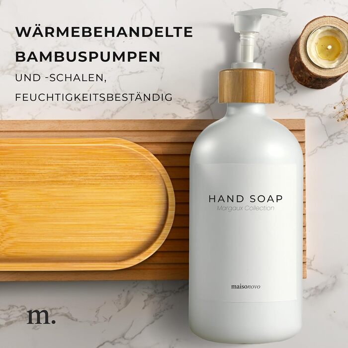 Диспенсер для мила 500 мл, набір 2 предмети на бамбуковій підставці, біле скло MaisoNovo