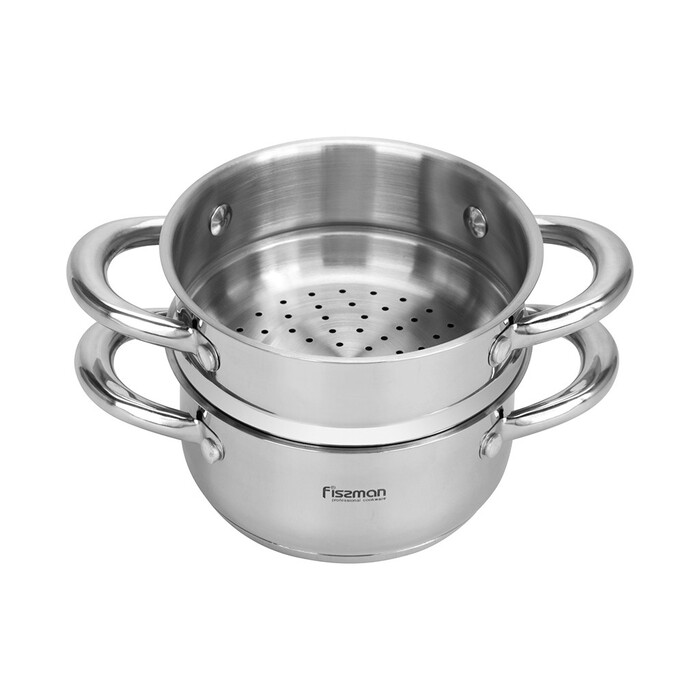 Каструля Fissman GULLIVER 14x7 см 1,1 л зі вставкою-пароваркою 14x6,5 см та скляною кришкою нержавіюча сталь (5428)
