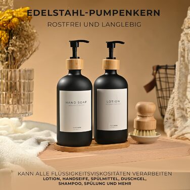 Диспенсер для мила 500 мл, набір 2 предмети на бамбуковій підставці, чорне скло MaisoNovo