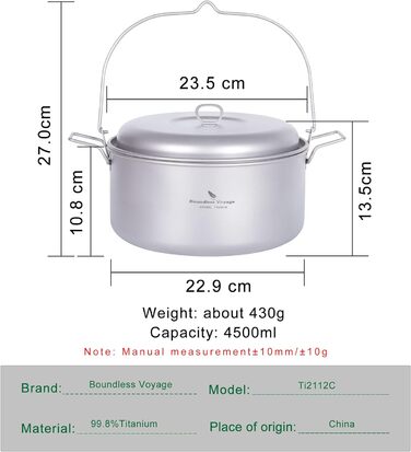 Безмежна подорож Титанова каструля для приготування супу з кришкою Відкритий кемпінговий посуд Легка підвісна каструля для овочів, морепродуктів, супів, рагу та макаронних виробів (каструля Ti2112c 4.5 л)