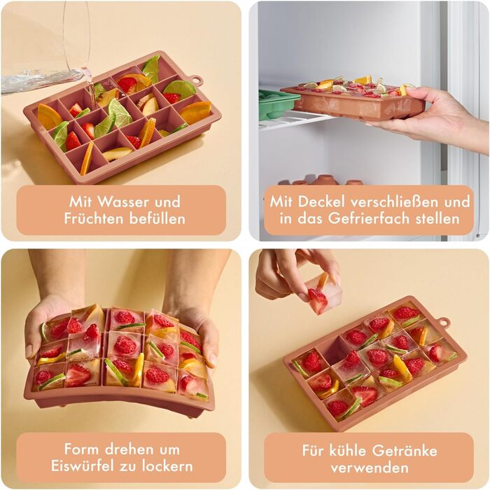 Силіконові формочки для льоду Blumtal, набір з 3 шт. - форма для льоду на 24 кубики з кришкою - силіконова форма для льоду без бісфенолу А - форма для льоду, безпечна для харчових продуктів - сіро-блакитний великі кубики (оливково-зелений червоний, XXL ку