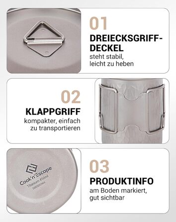 Туристическая кружка из титана с крышкой и складной ручкой 450 мл COOK'N'ESCAPE