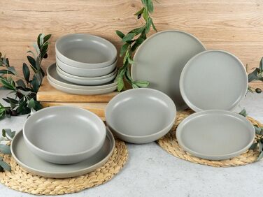 Набір посуду серії Uno з 16 предметів, комбінований сервіз з кераміки (сірий, посуд із 12 предметів), 22978