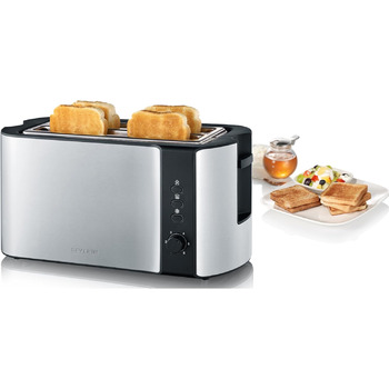 Автоматический тостер с длинными слотами на 4 ломтика тоста, тостер с насадкой для булочки, высококачественный тостер из нержавеющей стали с большими камерами для запекания и мощностью 1 400 Вт, матовая нержавеющая сталь/черный, AT 2590