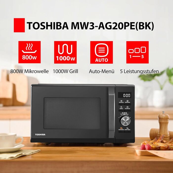 Мікрохвильова піч Toshiba MW3-AG20PE(BK) з грилем 20 л, 3-в-1, розморожування шеф-кухаря, мікрохвильова піч, гриль, комбінована піч, 5 рівнів потужності, 8 автоматичних програм, легке очищення, чорний колір, гриль 20 л, чорний