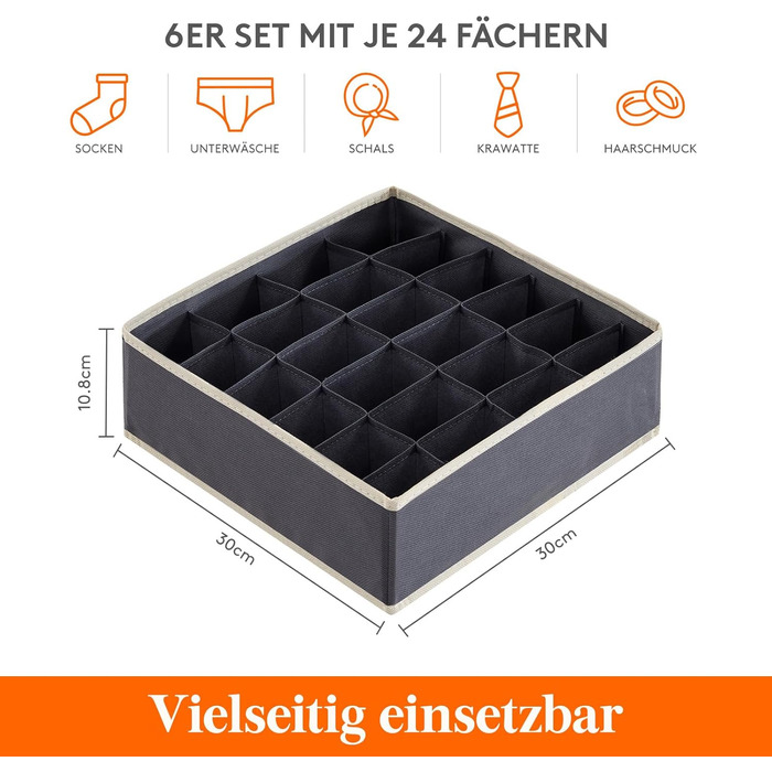 Організатори для шухляд з нижньою білизною Lifewit Pack of Socks, 24 комірки, система організації гардеробу, органайзер для пеленального столу, коробки для зберігання одягу, нижньої білизни, краватки, світло-сірий (сірий, 6)