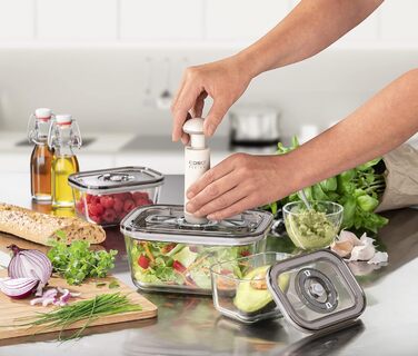 Ручной вакуумный упаковщик с 3 вакуумными контейнерами из стекла, 10 пакетами ZIP и наклейками Food Manager, беспроводной, до 150 минут работы, перезаряжаемый (комплект вакуумных контейнеров, одиночный)