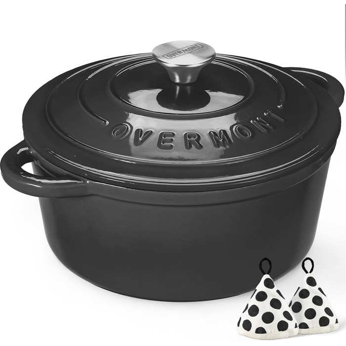 Чавунна форма для запікання Overmont Enamel - 26 см, придатна для використання в духовці, з кришкою та кулінарною книгою - для випікання, тушкування, запікання, білого кремового кольору (26 см-5,2 л, графітово-сірий)