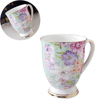 Набір із 2 порцелянових кавових кухлів, квітковий візерунок, 300 мл, кістоподібні, у формі підборіддя, з ручкою для кави, чаю, молока, капучино (C)