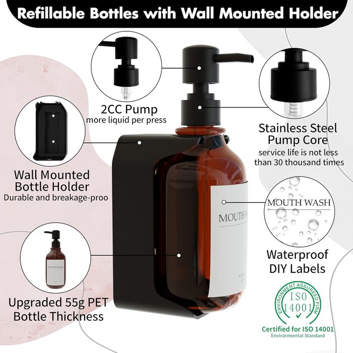 Набір з 3 дозаторів рідкого мила 500 мл з настінним тримачем, бурштиновий колір HCYWOC