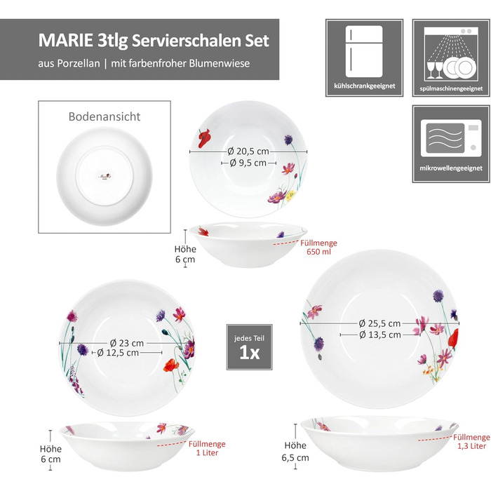 Набір із 3 мисок MamboCat Marie I 650 мл, 1 л та 1,3 л I висока порцелянова миска з декором із квіткової галявини для картоплі, пельменів, овочів, десерту, супу тощо.